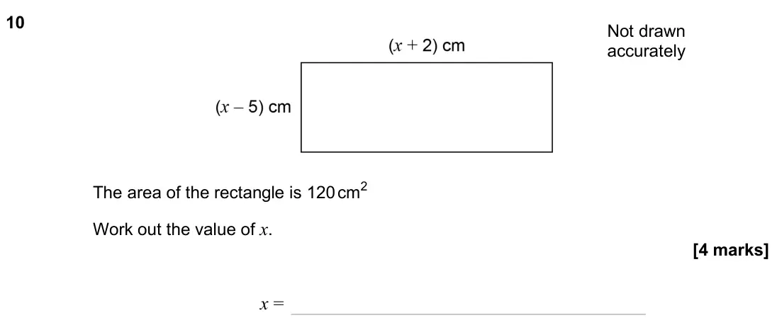 June 2025 Paper 1H, question 10: The area of the rectangle is 120 cm2 Work out the value of x. Not drawn accurately x =