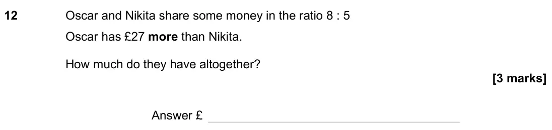 June 2025 Paper 1H, question 12: Oscar and Nikita share some money in the ratio 8 : 5 Oscar has £27 more than Nikita. How much do they have altogether? Answer £