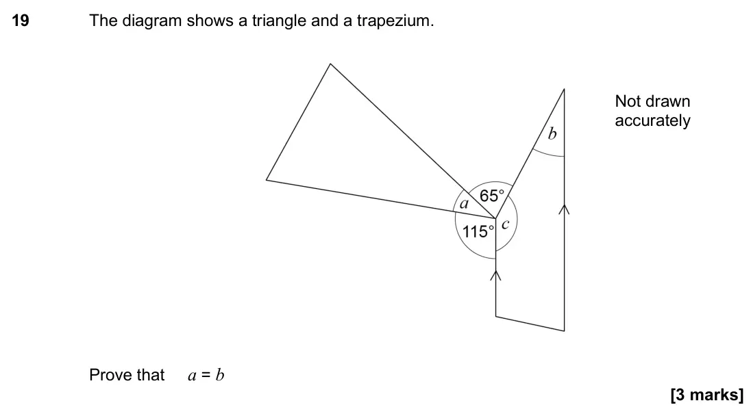 November 2017 Paper 1H, question 19: The diagram shows a triangle and a trapezium. Not drawn accurately Prove that a = b