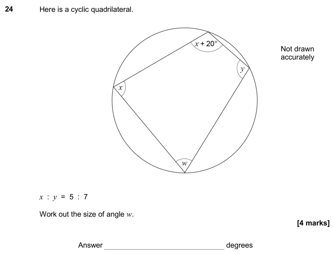 November 2017 Paper 1H, question 24: Here is a cyclic quadrilateral. x : y = 5 : 7 Work out the size of angle w. Not drawn accurately Answer degrees