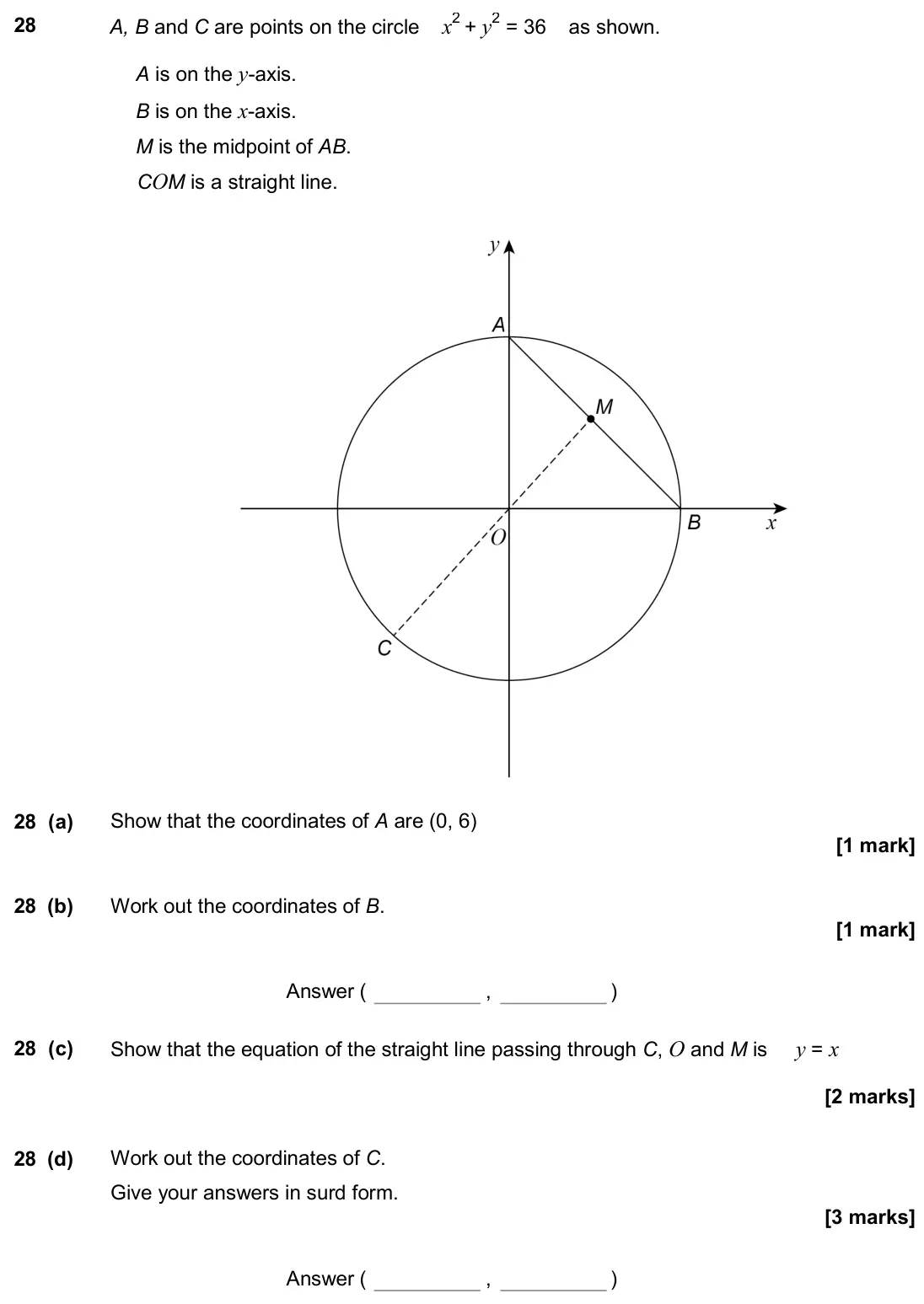 November 2017 Paper 1H, question 28: A, B and C are points on the circle x2 + y2 = 36 as shown. A is on the y-axis. B is on the x-axis. M is the midpoint of AB. COM is a straight line. 28 (a) Show