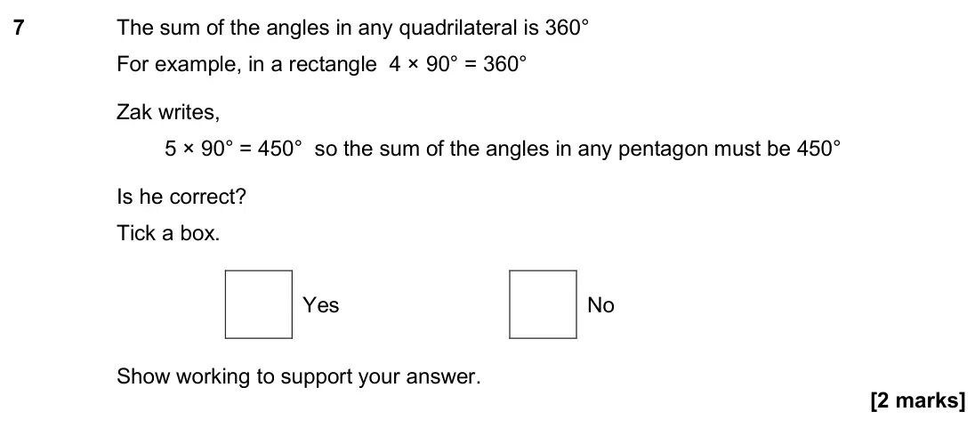 November 2018 Paper 1H, question 7: The sum of the angles in any quadrilateral is 360° For example, in a rectangle 4 × 90° = 360° Zak writes, 5 × 90° = 450° so the sum of the angles in any pentago