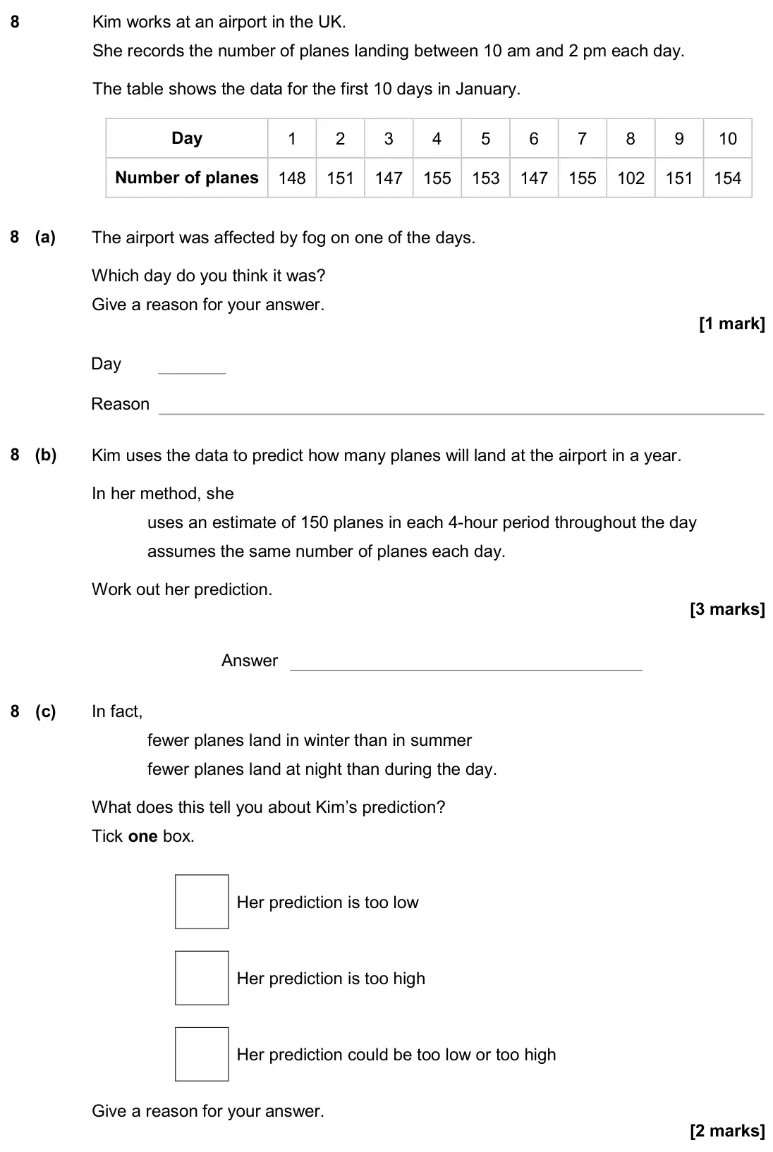 November 2018 Paper 1H, question 8: Kim works at an airport in the UK. She records the number of planes landing between 10 am and 2 pm each day. The table shows the data for the first 10 days in J