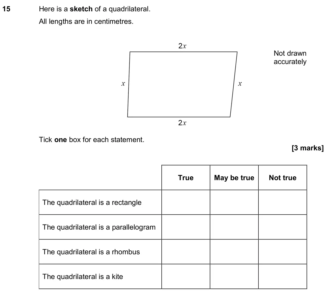 November 2019 Paper 1H, question 15: Here is a sketch of a quadrilateral. All lengths are in centimetres. Tick one box for each statement. Not drawn accurately True May be true Not true The quadril