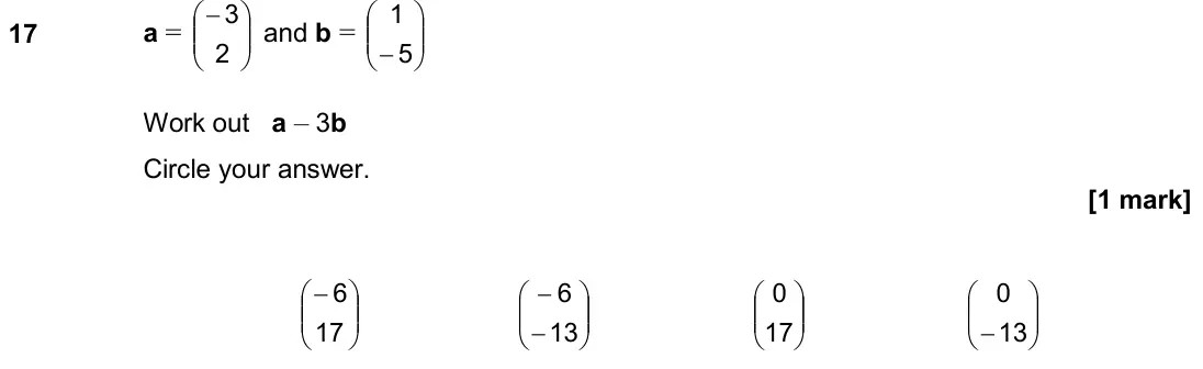 November 2019 Paper 1H, question 17: a = − 2 3 and b = −5 1 Work out a – 3b Circle your answer. − 17 6 − − 13 6 17 0 
