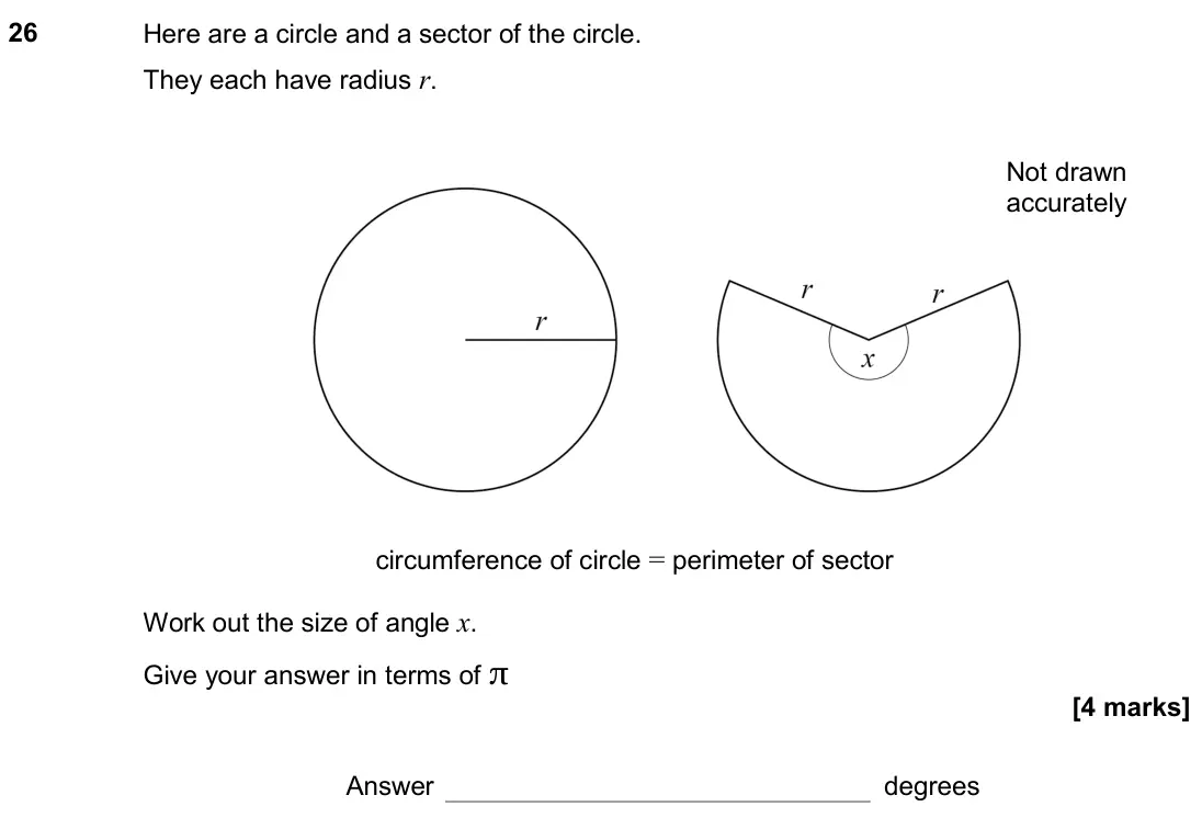 November 2019 Paper 1H, question 26: Here are a circle and a sector of the circle. They each have radius r. Not drawn accurately circumference of circle = perimeter of sector Work out the size of a