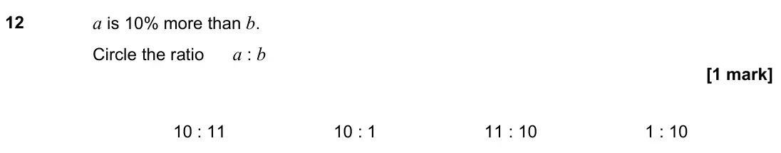 November 2022 Paper 1H, question 12: a is 10% more than b. Circle the ratio a : b 10 : 11 10 : 1 11 : 10 1 : 10