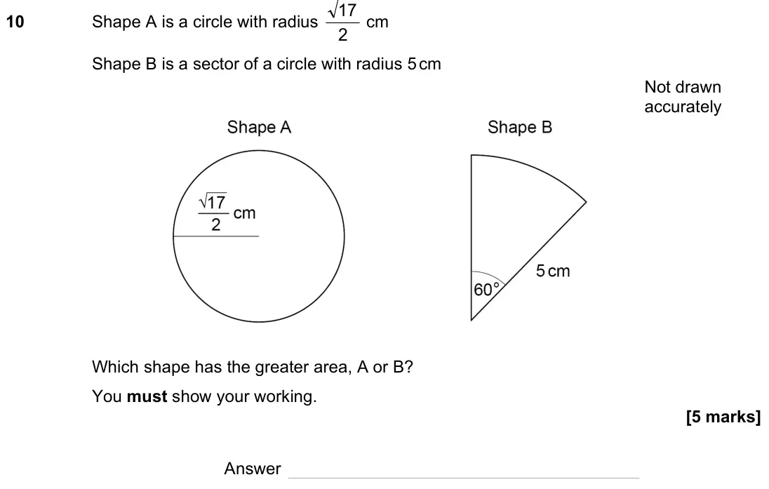 November 2023 Paper 1H, question 10: Shape A is a circle with radius 2 17 cm Shape B is a sector of a circle with radius 5cm Not drawn accurately Which shape has the greater area, A or B? You must