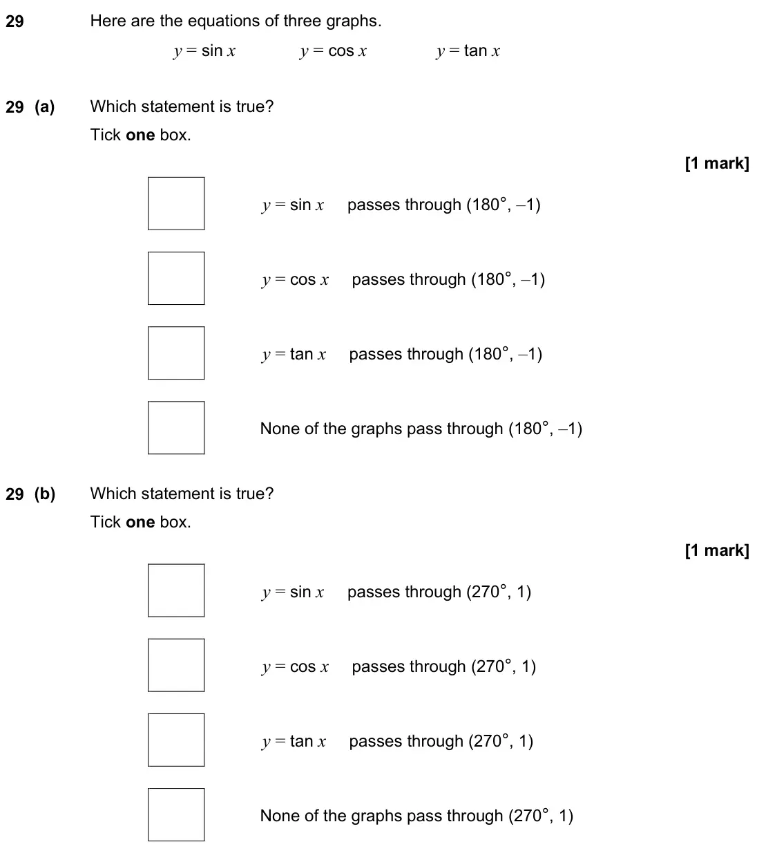 November 2023 Paper 1H, question 29: Here are the equations of three graphs. y = sin x y = cos x y = tan x 29 (a) Which statement is true? Tick one box. y = sin x passes through (180°, –1) y = cos