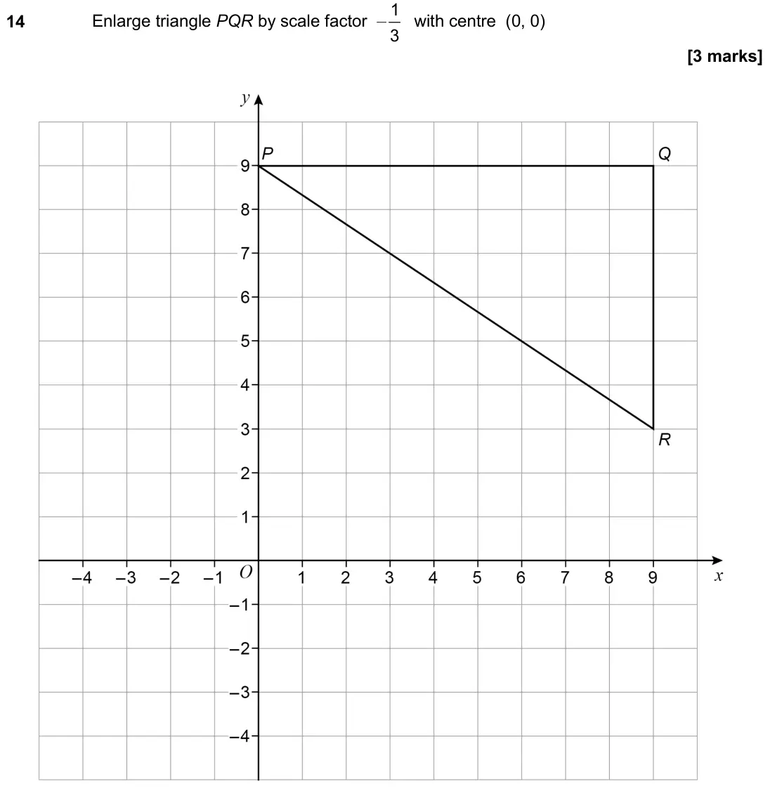 November 2024 Paper 1H, question 14: Enlarge triangle PQR by scale factor – 1 3 with centre (0, 0)