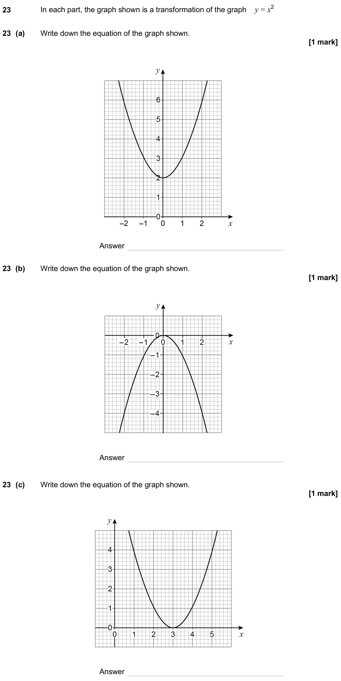 November 2024 Paper 1H, question 23: In each part, the graph shown is a transformation of the graph y = x2 23 (a) Write down the equation of the graph shown. Answer 23 (b) Write down the equation o