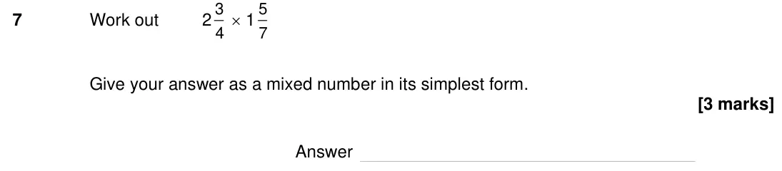 Specimen Paper 1H, question 7: Work out 2 3 4 1 5 7 Give your answer as a mixed number in its simplest form. Answer