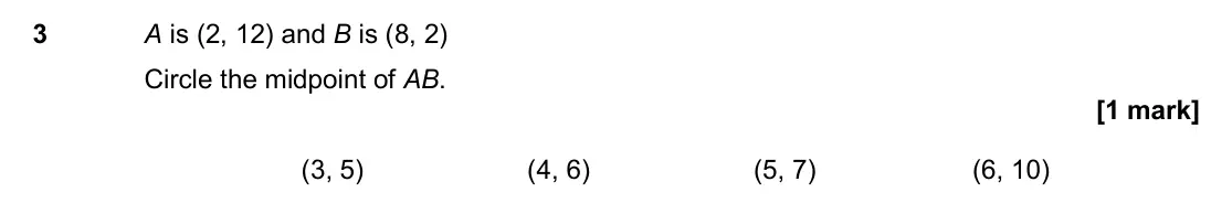 June 2017 Paper 2H, question 3: A is (2, 12) and B is (8, 2) Circle the midpoint of AB. (3, 5) (4, 6) (5, 7) (6, 10)