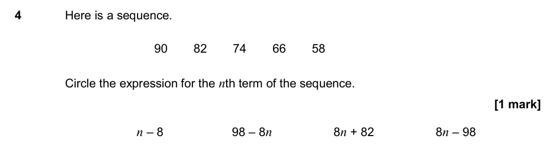 June 2017 Paper 2H, question 4: Here is a sequence. 90 82 74 66 58 Circle the expression for the nth term of the sequence. n – 8 98 – 8n 8n + 82 8n – 98