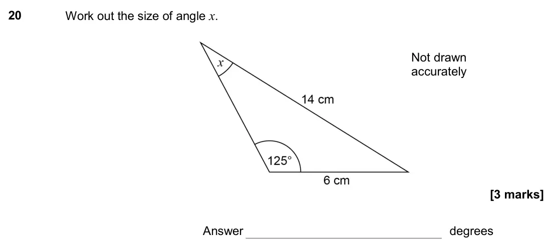 June 2017 Paper 2H, question 20: Work out the size of angle x. Not drawn accurately Answer degrees