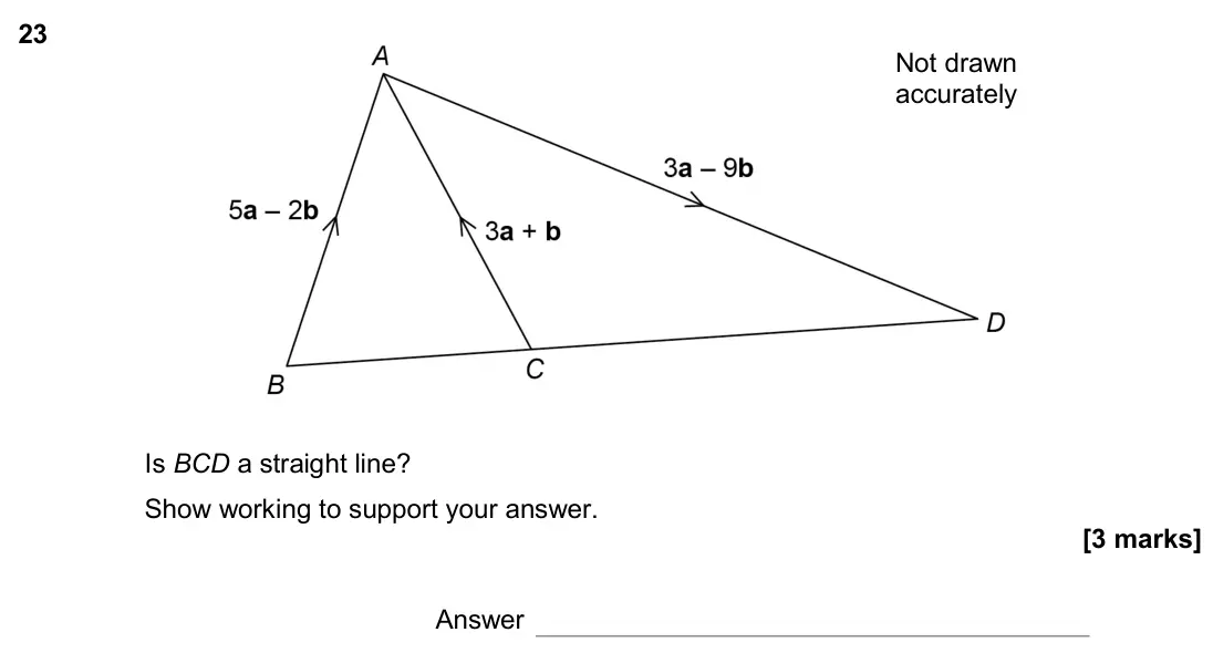 June 2017 Paper 2H, question 23: Not drawn accurately Is BCD a straight line? Show working to support your answer. Answer
