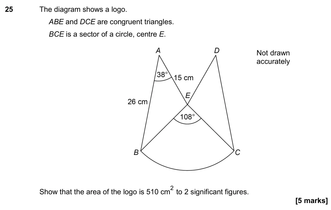 June 2017 Paper 2H, question 25: The diagram shows a logo. ABE and DCE are congruent triangles. BCE is a sector of a circle, centre E. Not drawn accurately Show that the area of the logo is 510