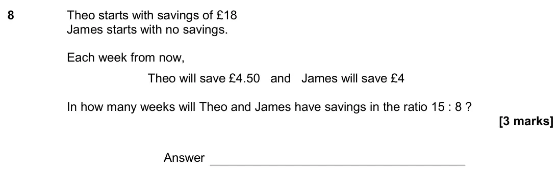 June 2018 Paper 2H, question 8: Theo starts with savings of £18 James starts with no savings. Each week from now, Theo will save £4.50 and James will save £4 In how many weeks will Theo and Ja