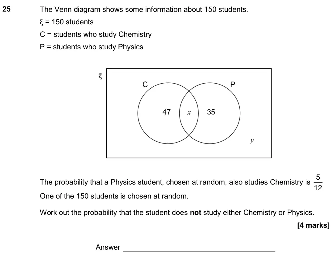 June 2018 Paper 2H, question 25: The Venn diagram shows some information about 150 students. ξ = 150 students C = students who study Chemistry P = students who study Physics The probability tha