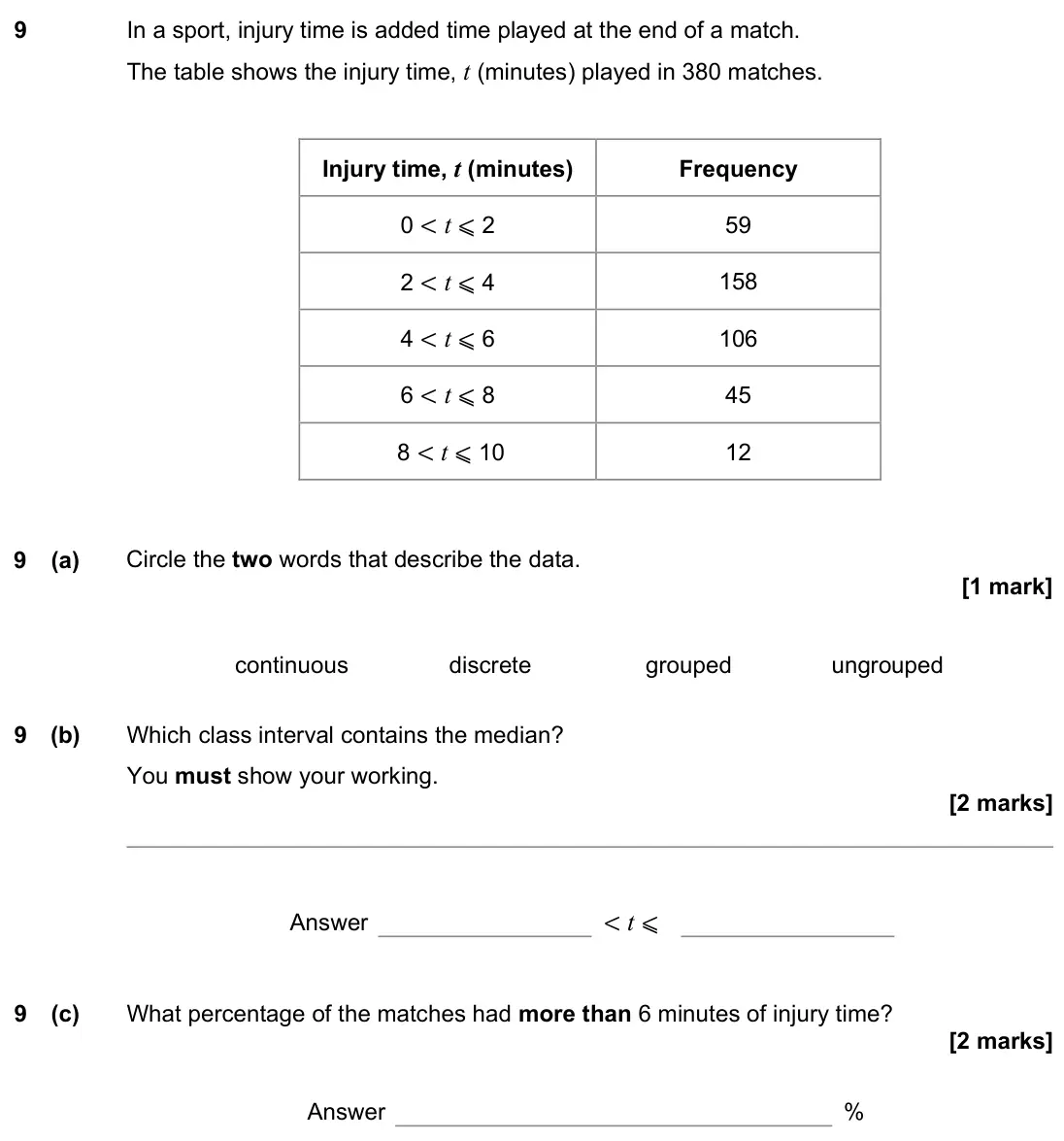 June 2019 Paper 2H, question 9: In a sport, injury time is added time played at the end of a match. The table shows the injury time, t (minutes) played in 380 matches. Injury time, t (minutes)
