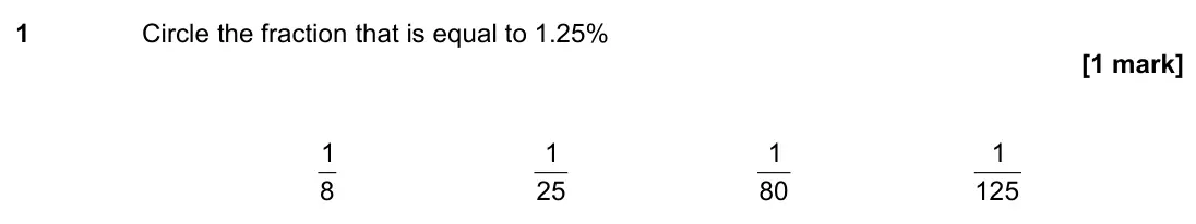 June 2022 Paper 2H, question 1: Circle the fraction that is equal to 1.25% 8 1 25 1 80 1 125 1