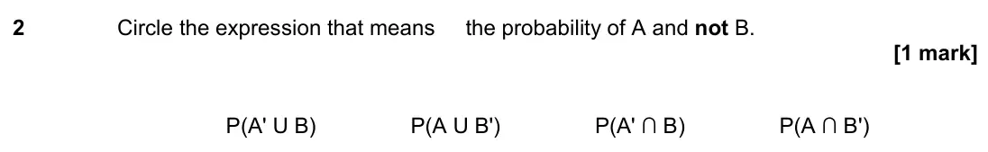 June 2022 Paper 2H, question 2: Circle the expression that means the probability of A and not B. P(A' U B) P(A U B') P(A' ∩ B) P(A ∩ B')