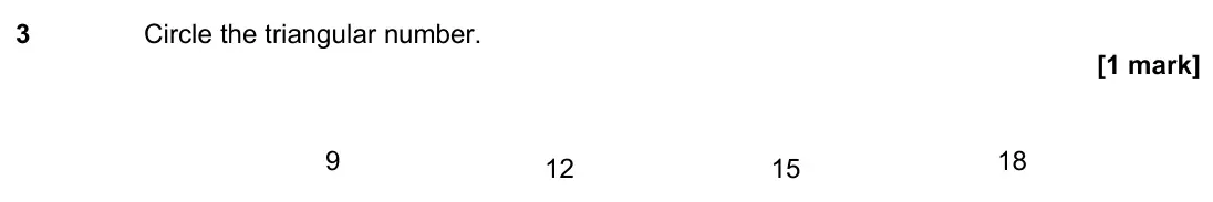 June 2022 Paper 2H, question 3: Circle the triangular number. 9 12 15 18