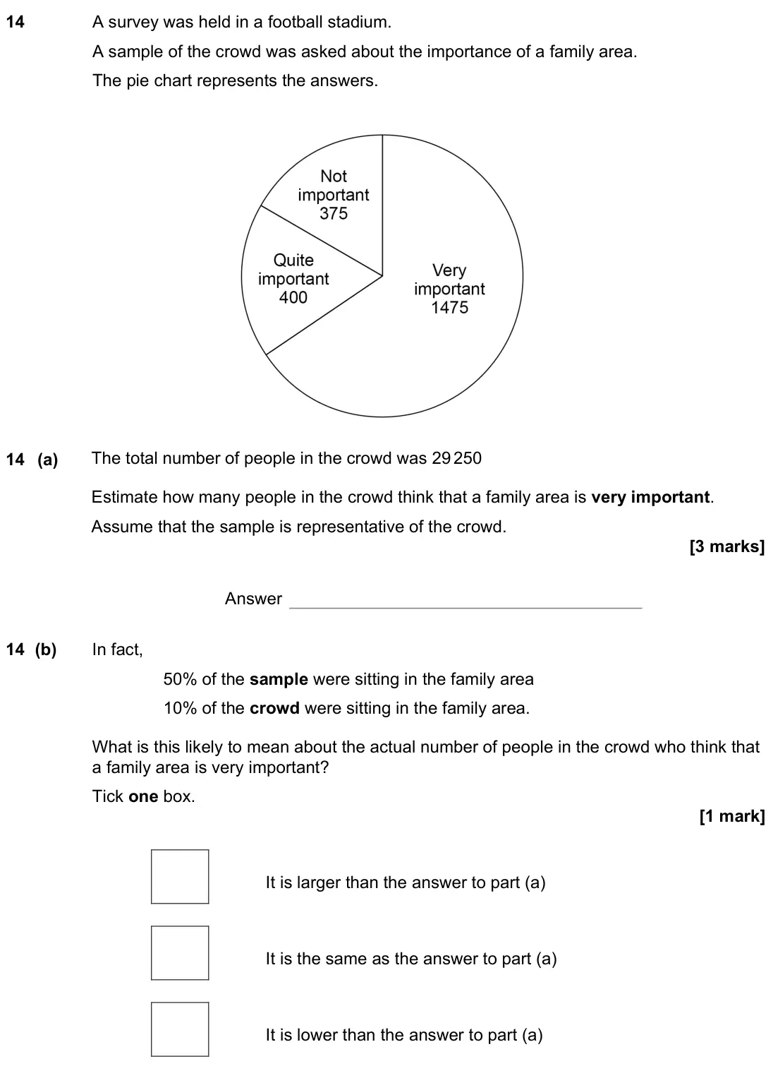 June 2022 Paper 2H, question 14: A survey was held in a football stadium. A sample of the crowd was asked about the importance of a family area. The pie chart represents the answers. 14 (a) The