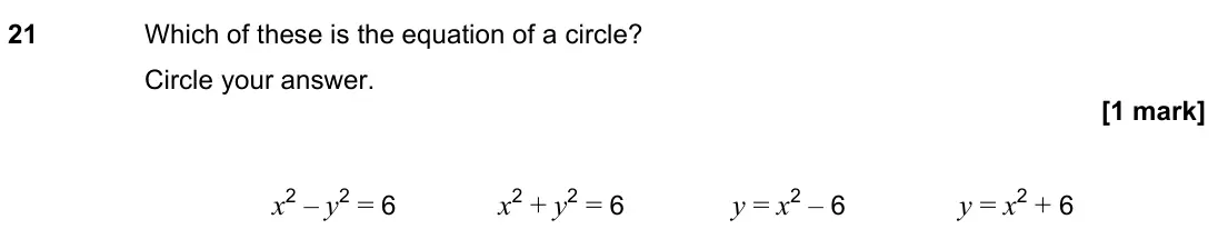 June 2022 Paper 2H, question 21: Which of these is the equation of a circle? Circle your answer. x2 – y2 = 6 x2 + y2 = 6 y = x2 – 6 y = x2 + 6