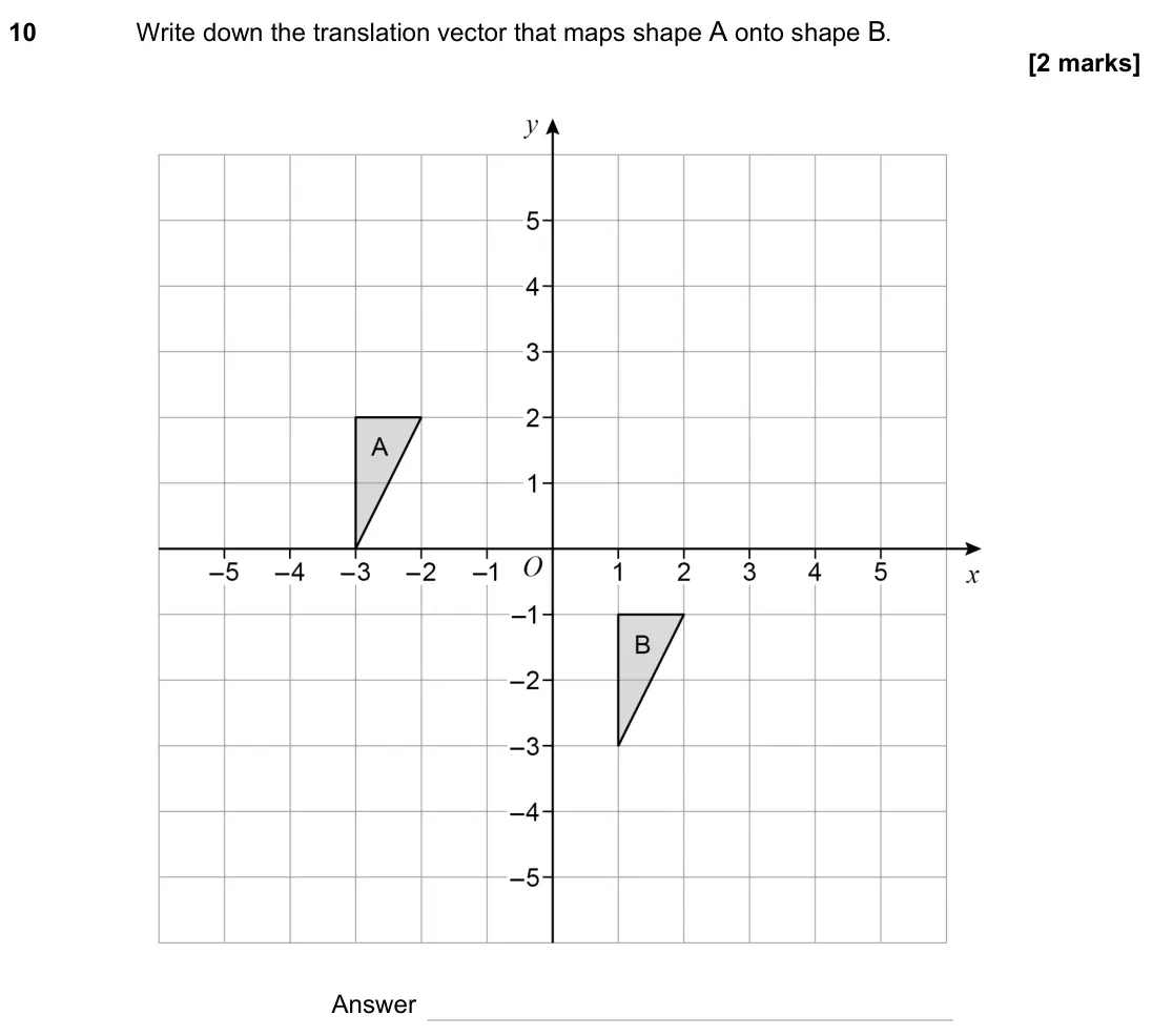 June 2023 Paper 2H, question 10: Write down the translation vector that maps shape A onto shape B. Answer