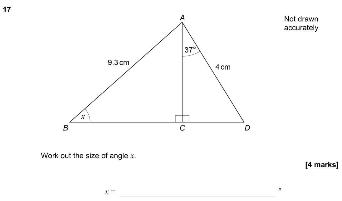 June 2023 Paper 2H, question 17: Work out the size of angle x. Not drawn accurately x = °