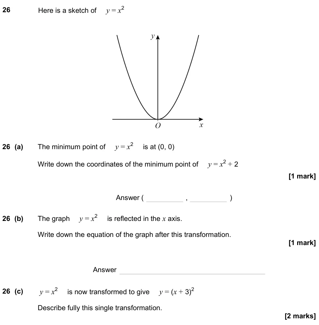 June 2023 Paper 2H, question 26: Here is a sketch of y = x2 26 (a) The minimum point of y = x2 is at (0, 0) Write down the coordinates of the minimum point of y = x2 + 2 Answer ( , ) 26 (b) The