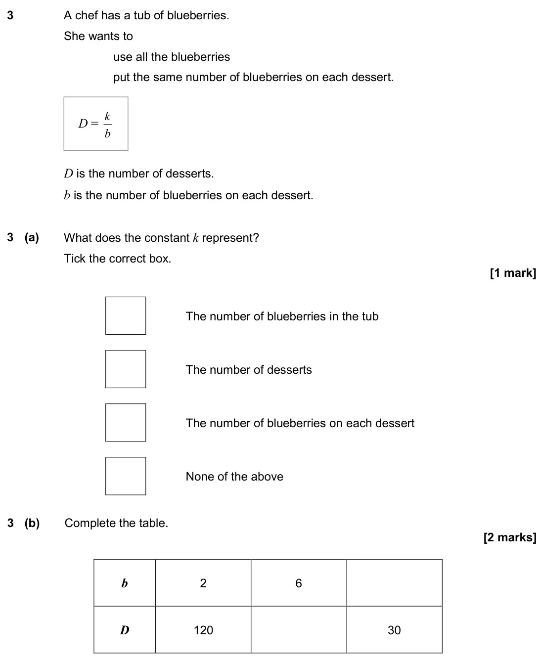 June 2024 Paper 2H, question 3: A chef has a tub of blueberries. She wants to use all the blueberries put the same number of blueberries on each dessert. D is the number of desserts. b is the