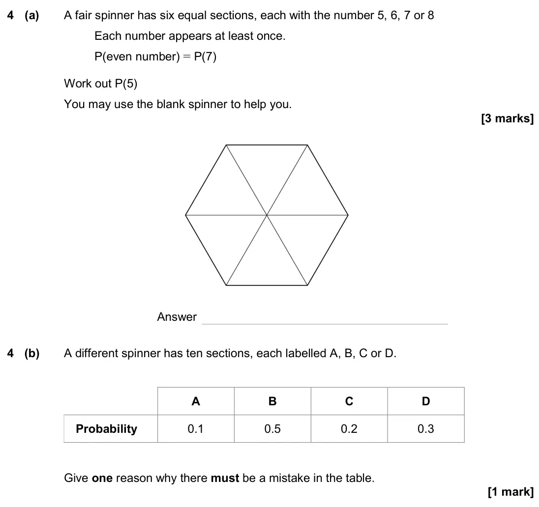 June 2024 Paper 2H, question 4: (a) A fair spinner has six equal sections, each with the number 5, 6, 7 or 8 Each number appears at least once. P(even number) = P Work out P You may use the bl