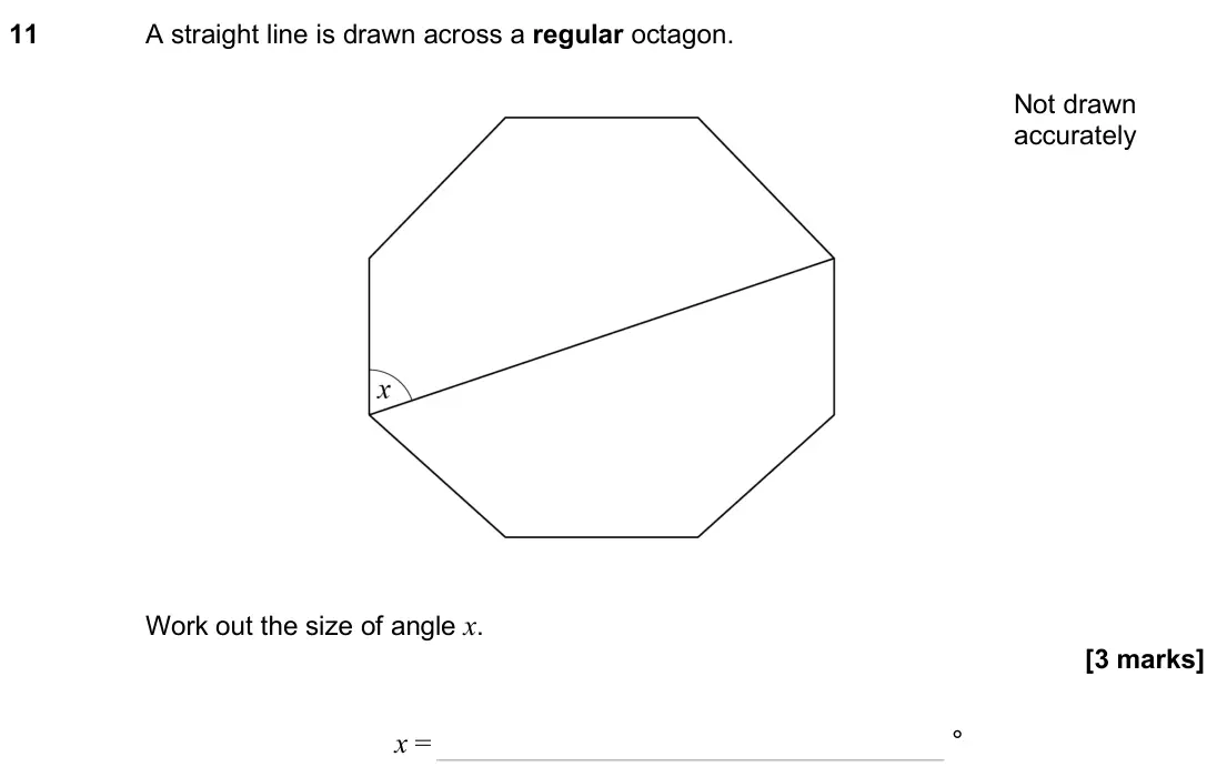 June 2025 Paper 2H, question 11: A straight line is drawn across a regular octagon. Work out the size of angle x. Not drawn accurately x = °