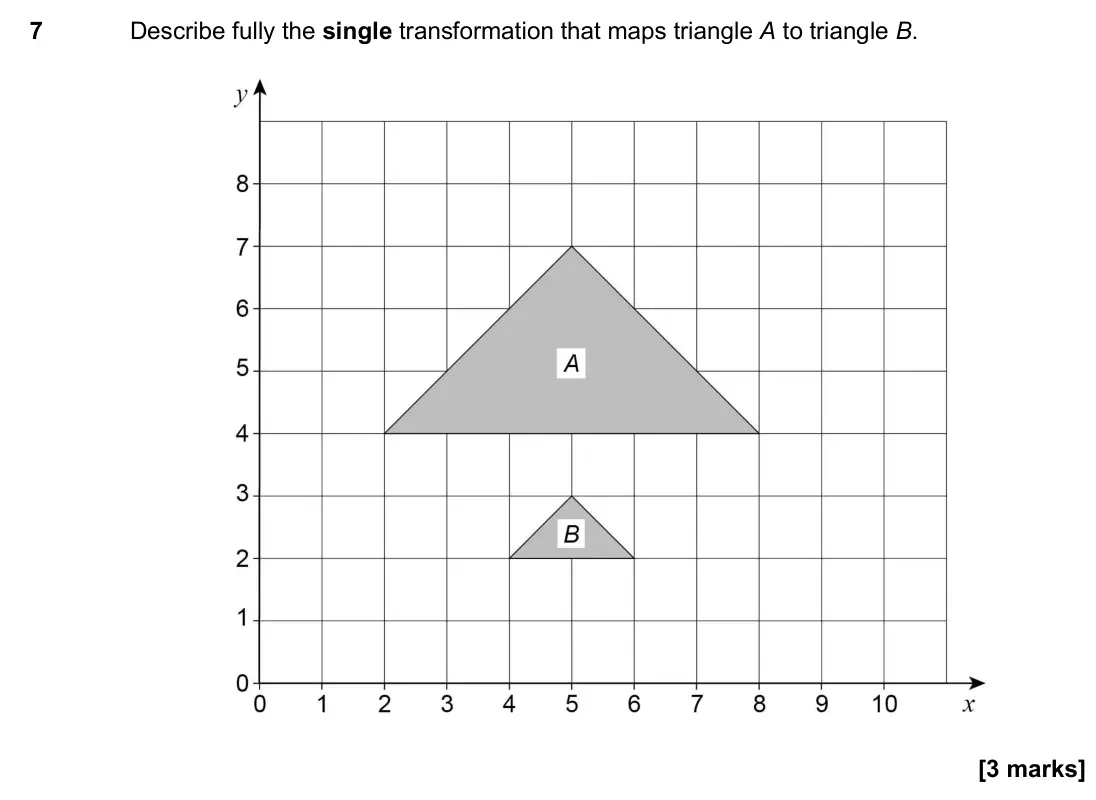 November 2017 Paper 2H, question 7: Describe fully the single transformation that maps triangle A to triangle B.