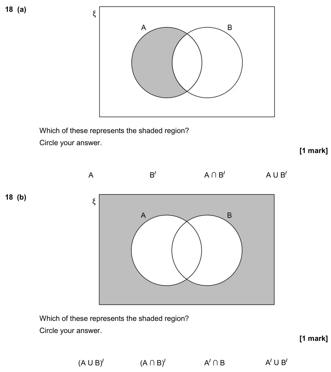 November 2017 Paper 2H, question 18: (a) Which of these represents the shaded region? Circle your answer. A B/ A ∩ B/ A U B/ 18 (b) Which of these represents the shaded region? Circle your answer.