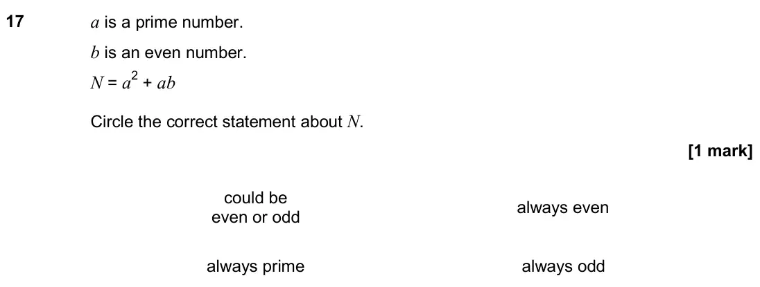 November 2018 Paper 2H, question 17: a is a prime number. b is an even number. N = a2 + ab Circle the correct statement about N. could be even or odd always even always prime always odd