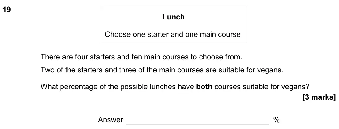 November 2018 Paper 2H, question 19: There are four starters and ten main courses to choose from. Two of the starters and three of the main courses are suitable for vegans. What percentage of the p