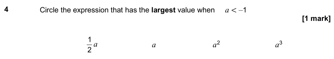 November 2020 Paper 2H, question 4: Circle the expression that has the largest value when a < –1 2 1 a a a 2 a 3