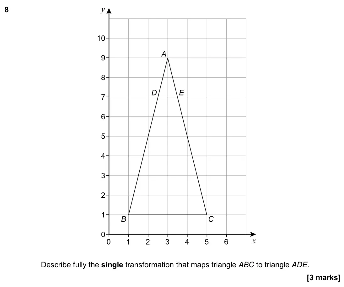 November 2021 Paper 2H, question 8: Describe fully the single transformation that maps triangle ABC to triangle ADE.