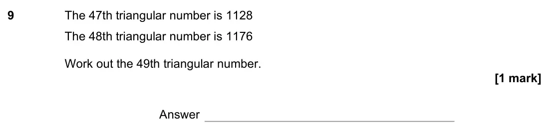 November 2022 Paper 2H, question 9: The 47th triangular number is 1128 The 48th triangular number is 1176 Work out the 49th triangular number. Answer