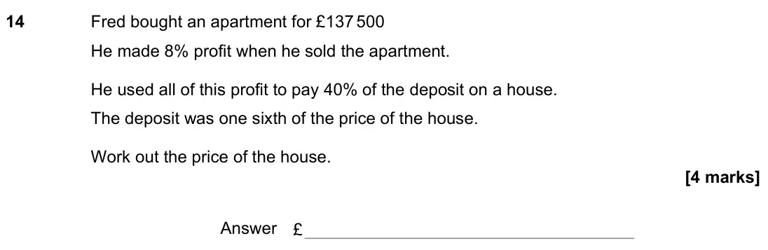 November 2022 Paper 2H, question 14: Fred bought an apartment for £137 500 He made 8% profit when he sold the apartment. He used all of this profit to pay 40% of the deposit on a house. The deposit