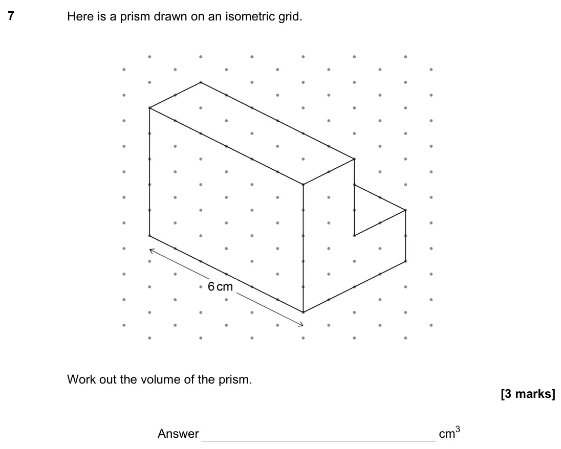 November 2023 Paper 2H, question 7: Here is a prism drawn on an isometric grid. Work out the volume of the prism. Answer cm3