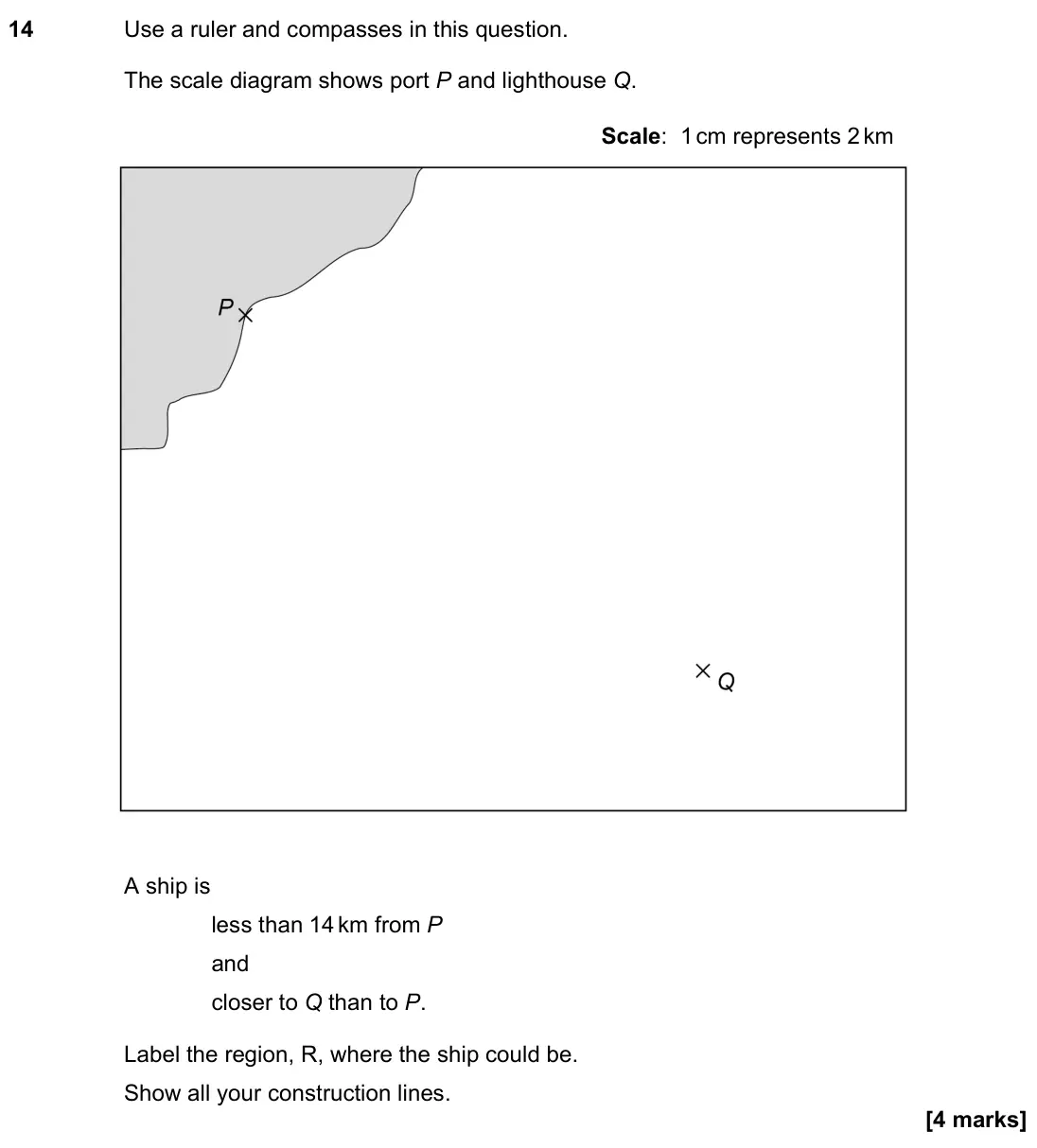 November 2023 Paper 2H, question 14: Use a ruler and compasses in this question. The scale diagram shows port P and lighthouse Q. Scale: 1 cm represents 2 km A ship is less than 14 km from P and cl