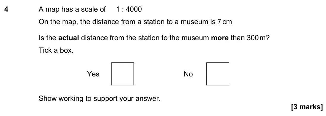 November 2024 Paper 2H, question 4: A map has a scale of 1 : 4000 On the map, the distance from a station to a museum is 7 cm Is the actual distance from the station to the museum more than 300 m?