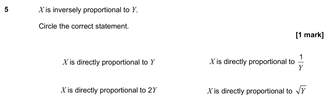 November 2024 Paper 2H, question 5: X is inversely proportional to Y. Circle the correct statement. X is directly proportional to Y X is directly proportional to Y 1 X is directly proportional to