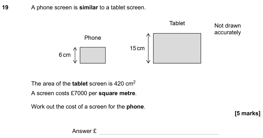 November 2024 Paper 2H, question 19: A phone screen is similar to a tablet screen. The area of the tablet screen is 420 cm2 A screen costs £7000 per square metre. Work out the cost of a screen for