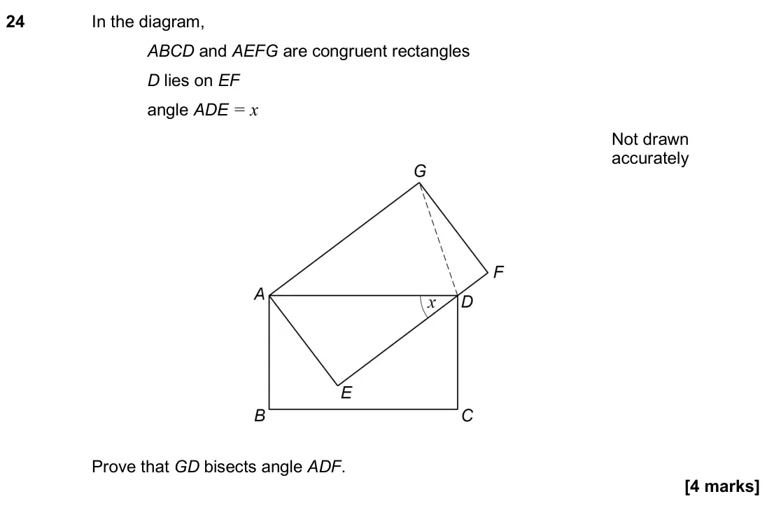 November 2024 Paper 2H, question 24: In the diagram, ABCD and AEFG are congruent rectangles D lies on EF angle ADE = x Prove that GD bisects angle ADF.