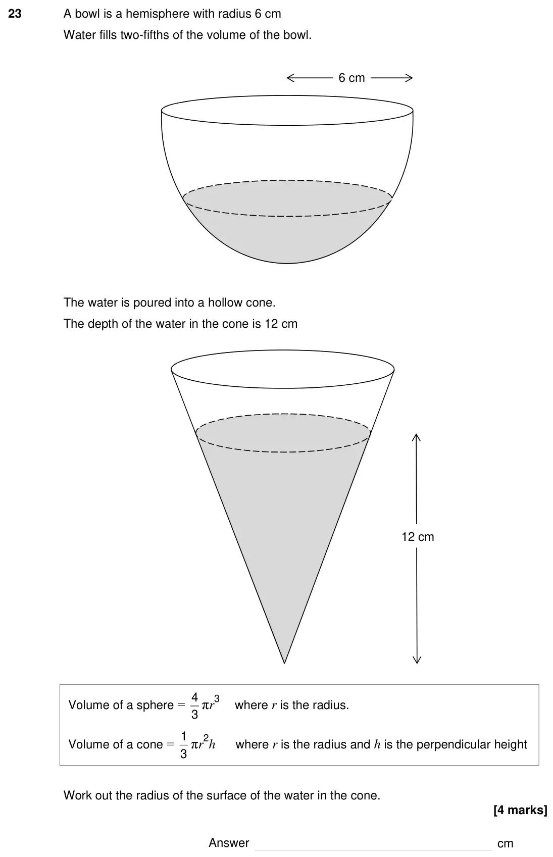 Specimen Paper 2H, question 23: A bowl is a hemisphere with radius 6 cm Water fills two-fifths of the volume of the bowl. The water is poured into a hollow cone. The depth of the water in the 
